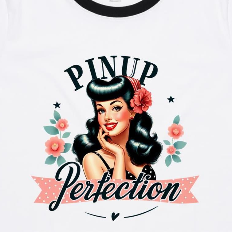White ringer t-shirt featuring a retro pin-up girl graphic with the text 'PINUP Perfection' in black and pink script, surrounded by pink flowers and green leaves.
