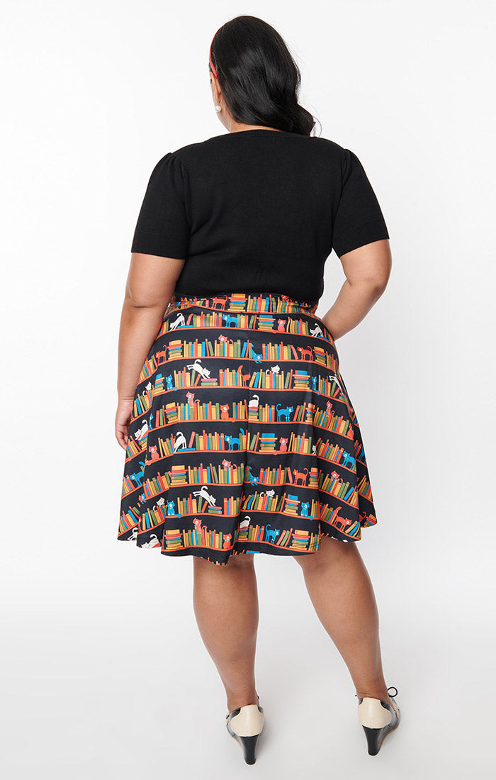 Black Library Cats Buttoned Swing Skirt| Unique-Vintage