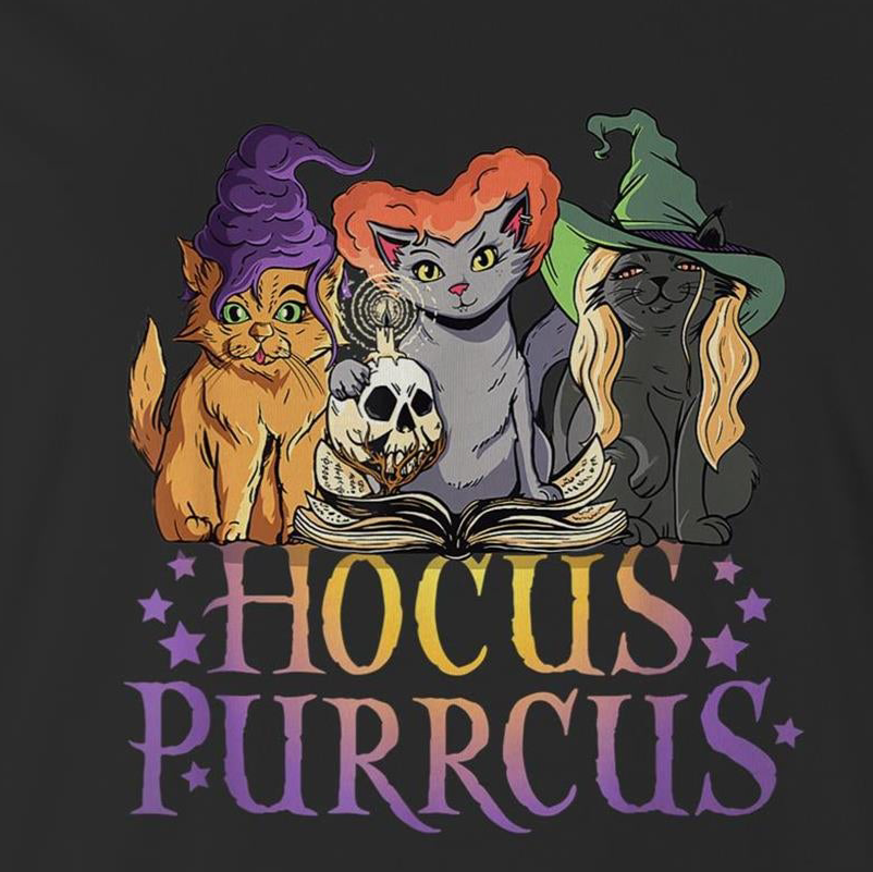 Black t-shirt with cartoon cats in witch hats and a skull, featuring the text 'HOCUS PURRCUS'.
