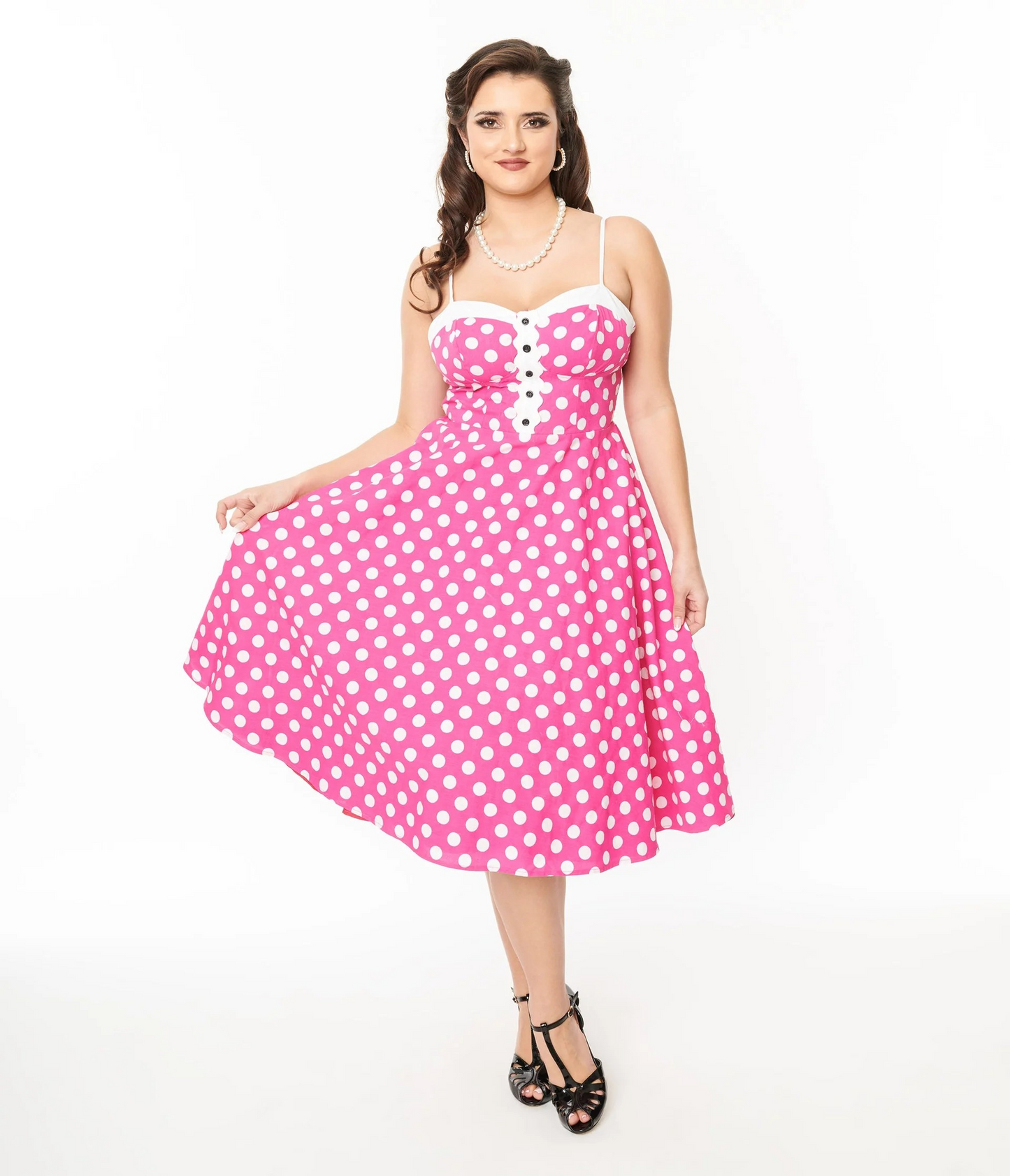 Unique Vintage 1950s Hot Pink & White Polka Dot Cotton Swing Dress @BVCM