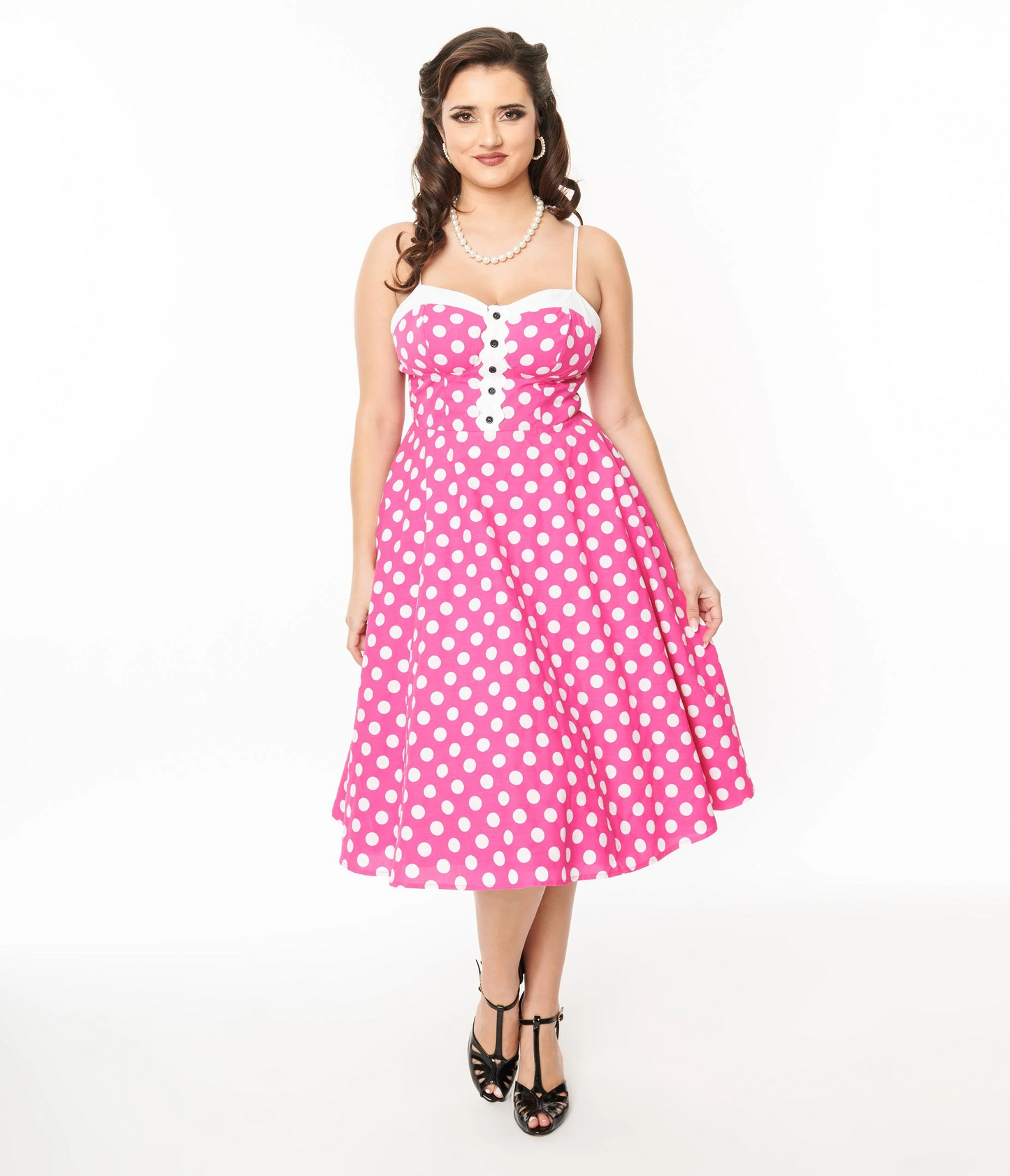 Unique Vintage 1950s Hot Pink & White Polka Dot Cotton Swing Dress @BVCM