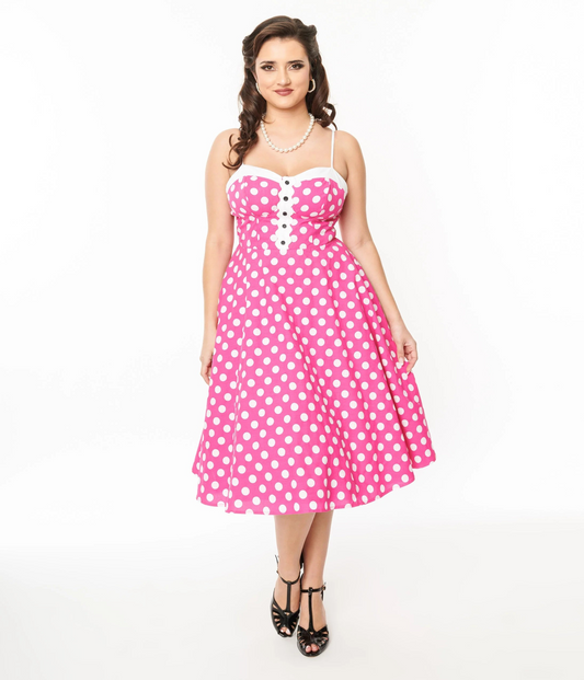 Unique Vintage 1950s Hot Pink & White Polka Dot Cotton Swing Dress | CLEARANCE