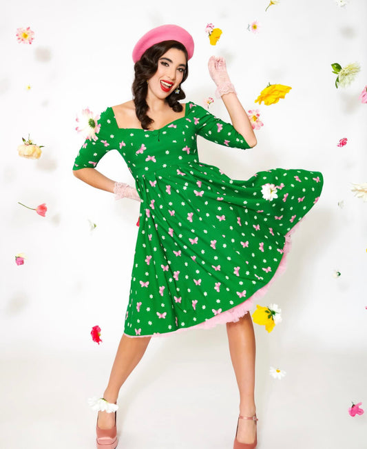 Unique Vintage 1950s Green/Butterfly Stamp Sweetheart Lamar Swing Dress