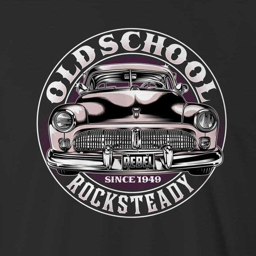 A circular graphic print on a dark charcoal t-shirt featuring a retro illustration of a classic car with the text 'OLD SCHOOL ROCKSTEADY' and 'SINCE 1949'.