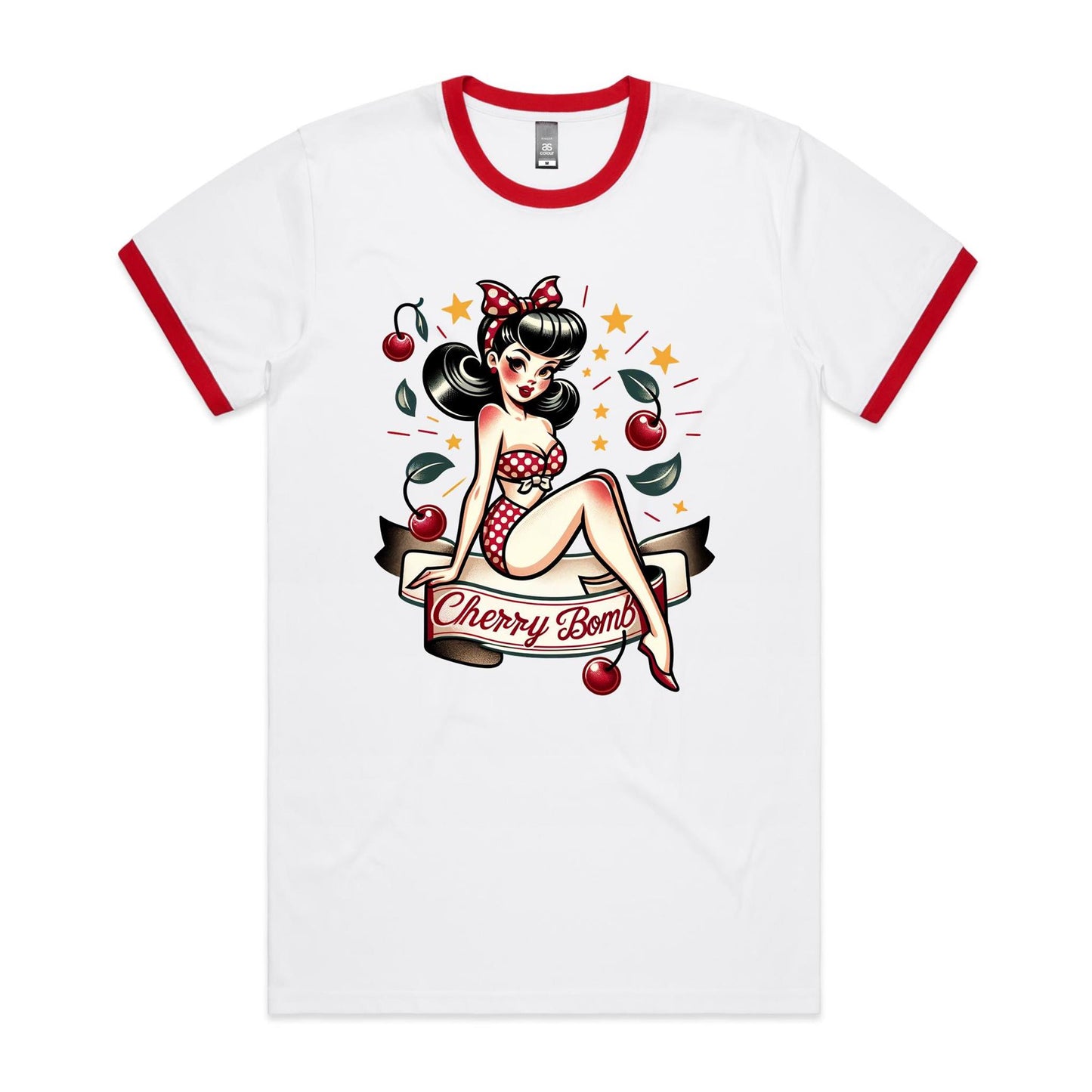 Cherry Bomb Pinup - Mens AS Colour Staple Ringer Tee - 2 Colourways