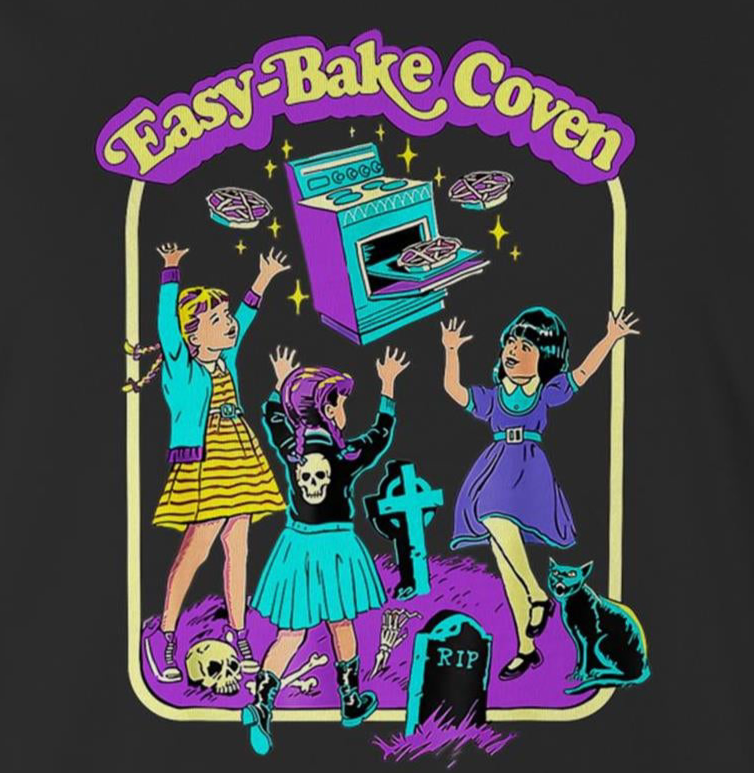 Black t-shirt with 'Easy Bake Coven' graphic design featuring three women and a cake mix box.