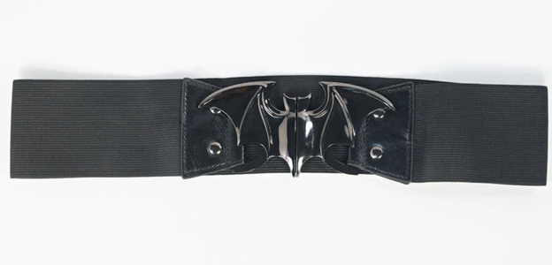 Black belt with a bat-shaped buckle on a white background