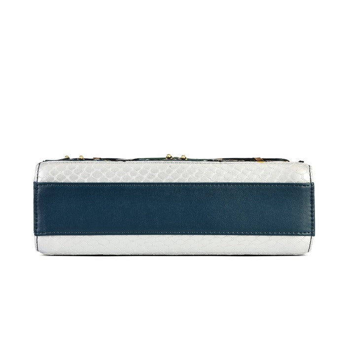 A rectangular clutch purse with a horizontal color-blocked design, featuring a textured white top and bottom section and a solid navy blue middle band, shown against a plain white background.