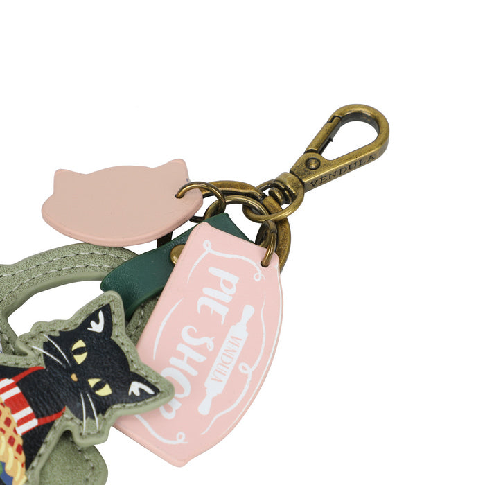 Keychain with cat design and pink heart-shaped tag on a white background
