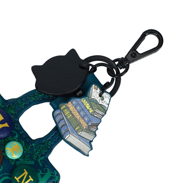 Colorful keychain with a book design and black carabiner on a white background