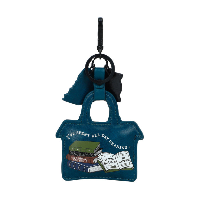 Blue book-shaped keychain with text and illustrations on a white background