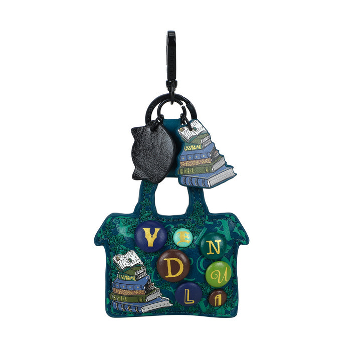 Colorful handbag-shaped keychain with books and letters on a white background