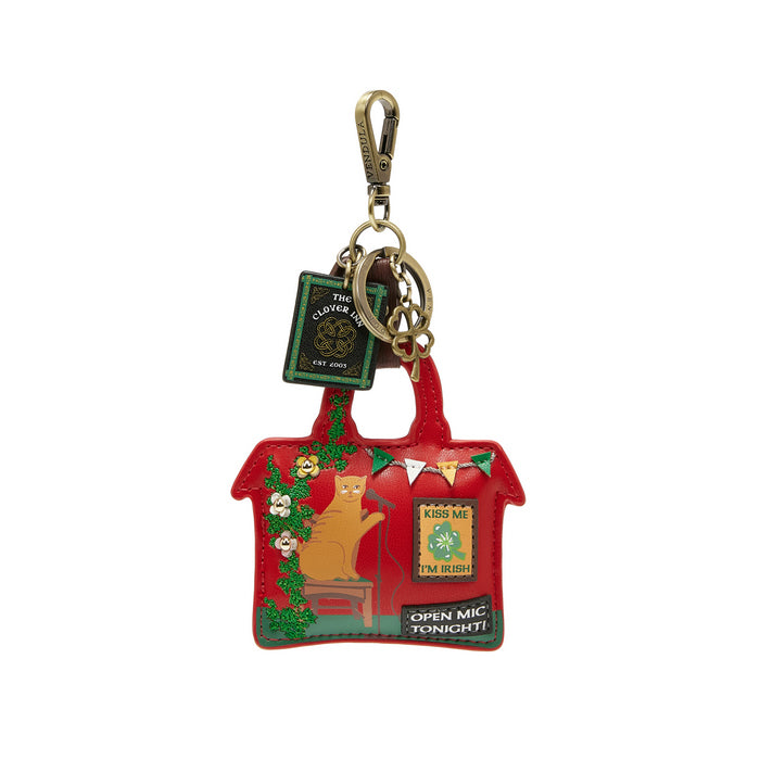 Red bag-shaped keychain with a character and text on a white background