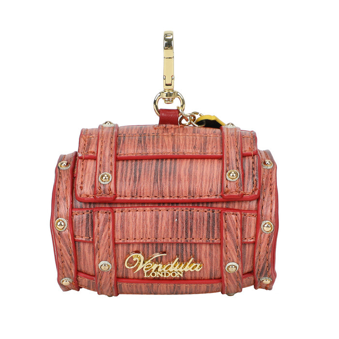 Red suitcase-shaped keychain with gold accents on a white background