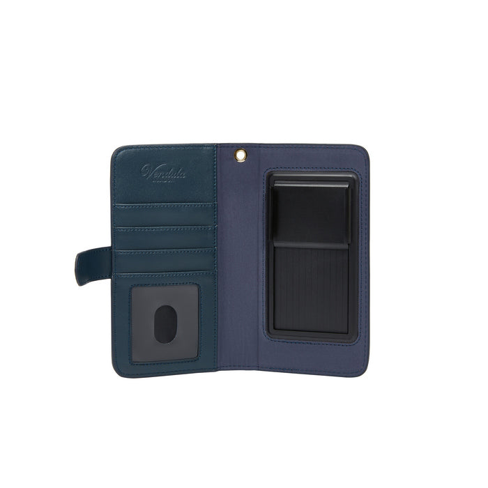 Navy blue phone case with multiple compartments on a white background