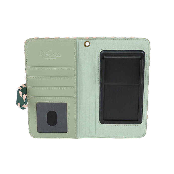 Green wallet with card slots and a strap on a white background