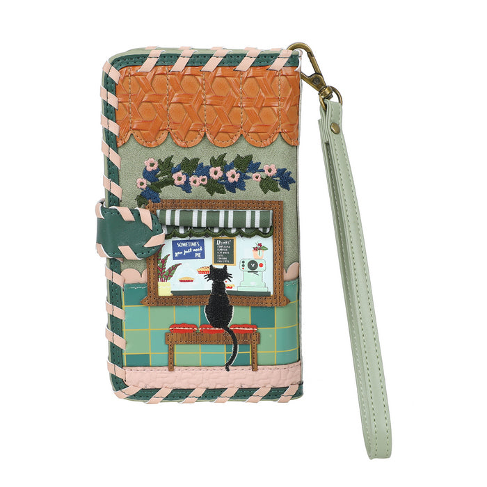 Phone wallet with a cat and cafe design on a white background