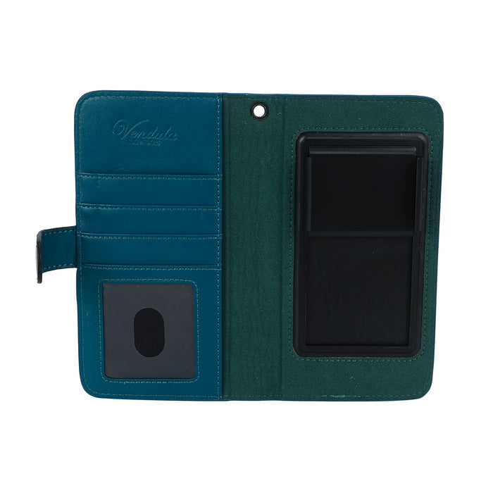 Teal phone case with black accents on a white background