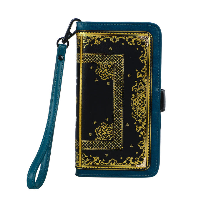 Decorative phone case with gold patterns on a black background, featuring a blue strap.