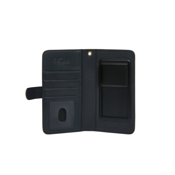 Black phone case with multiple compartments on a white background