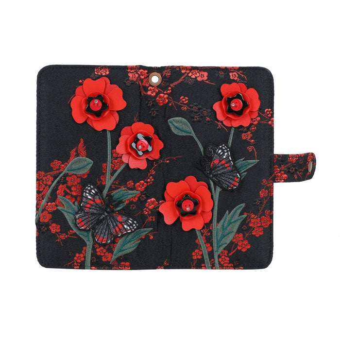 Black case with red floral design on a white background