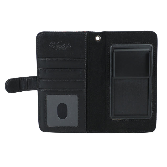 Black wallet with card slots and a phone holder on a white background