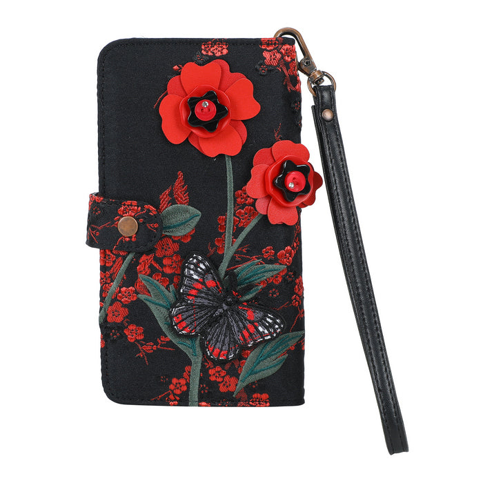 Phone case with red flowers and a butterfly design on a black background