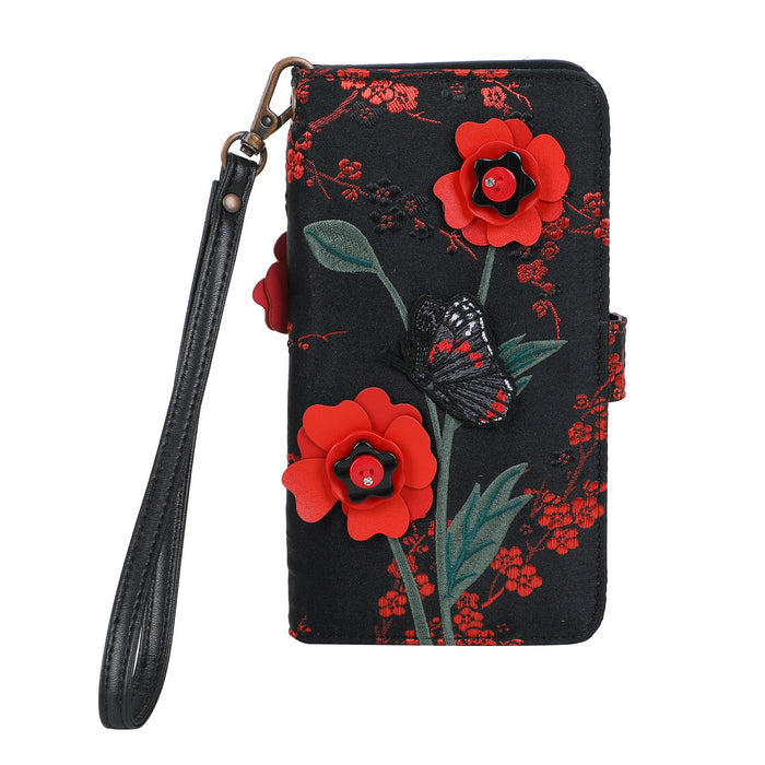 Phone case with red flowers and a butterfly on a black background