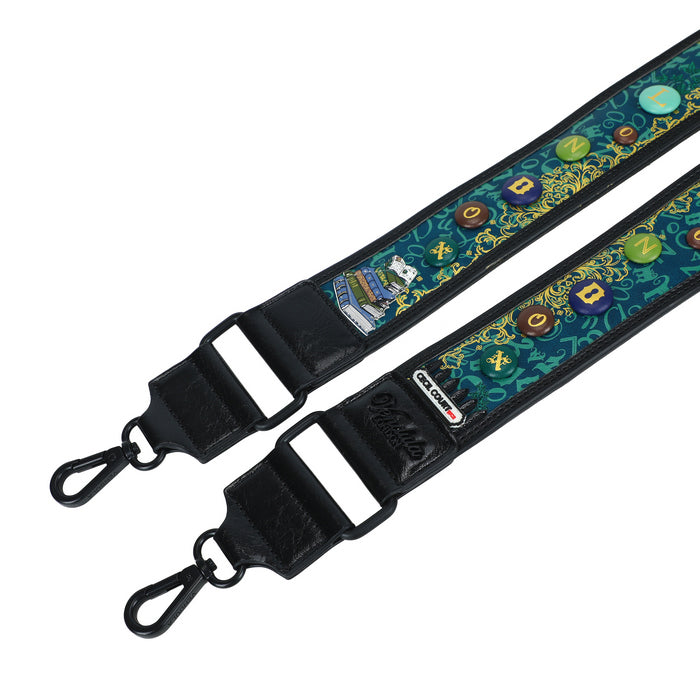 Guitar strap with decorative pattern on a white background