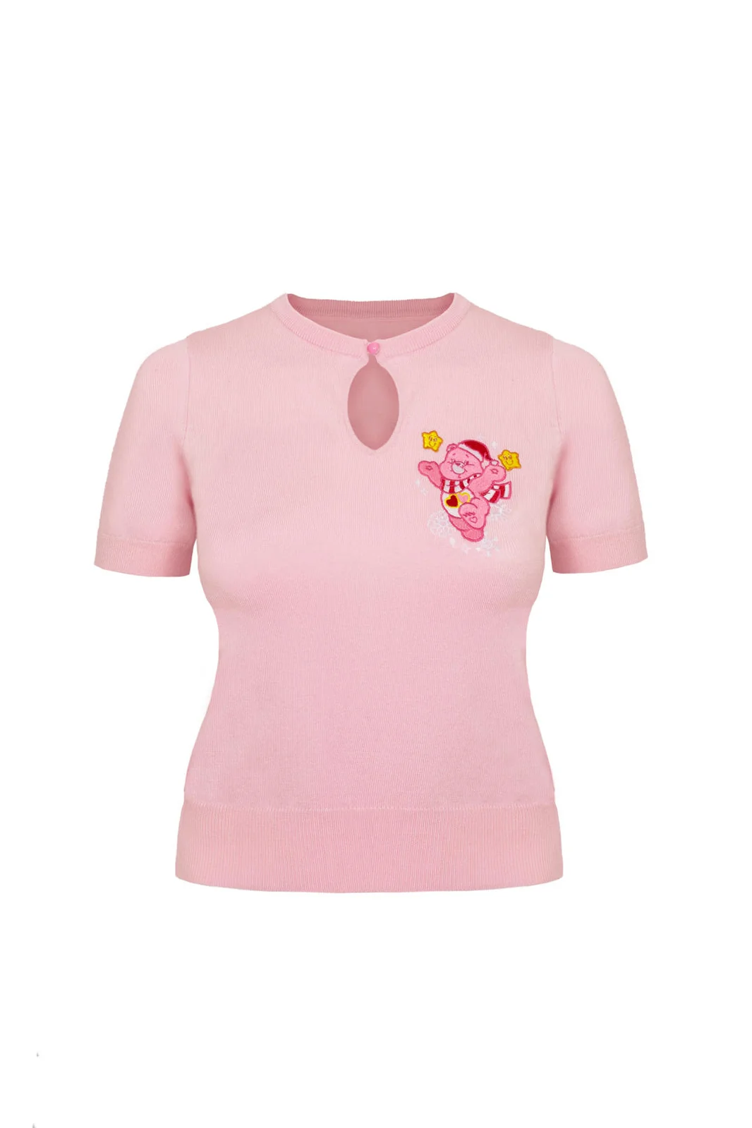 A light pink short-sleeve knit top with a keyhole cutout at the collar and a small embroidered cartoon character on the left chest, shown on a plain white background.