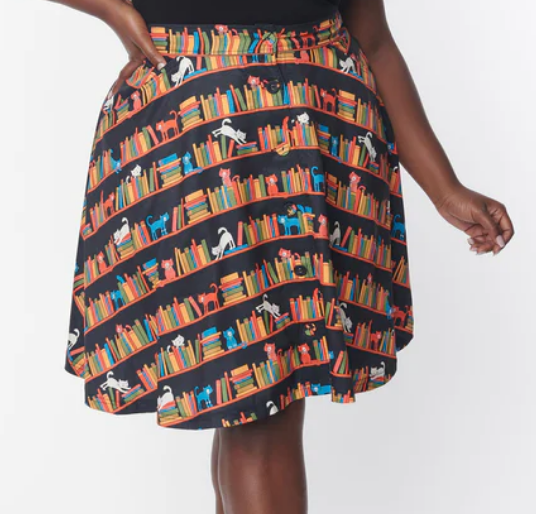 Black Library Cats Buttoned Swing Skirt| Unique-Vintage