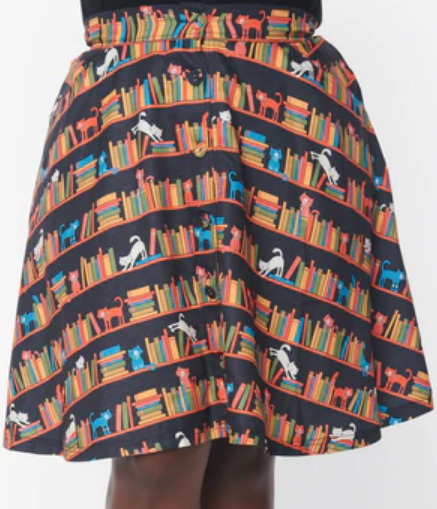 Black Library Cats Buttoned Swing Skirt| Unique-Vintage