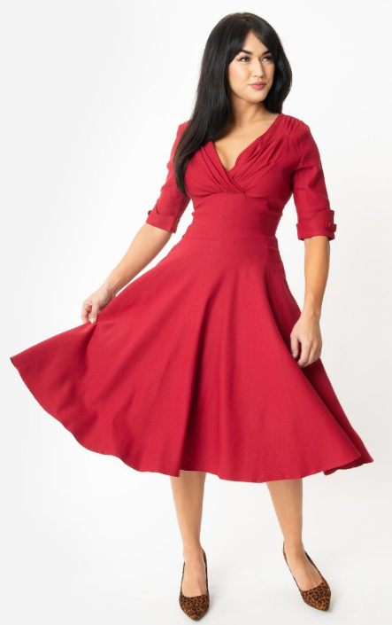 Unique Vintage Red Delores Swing Dress with Sleeves | CLEARANCE | Only Sizes SM, Med & 2XL Left