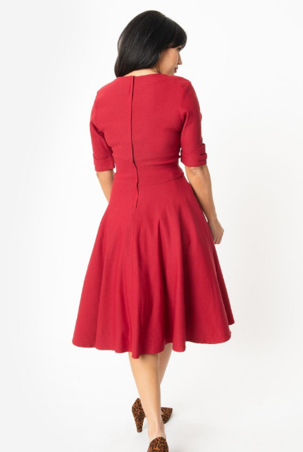 Unique Vintage Red Delores Swing Dress with Sleeves | CLEARANCE | Only Sizes SM, Med & 2XL Left