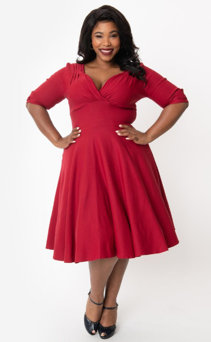 Unique Vintage Red Delores Swing Dress with Sleeves | CLEARANCE | Only Sizes SM, Med & 2XL Left