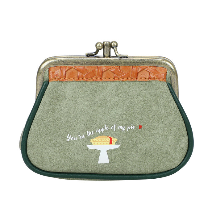 Small green purse with a pie illustration and text on a white background