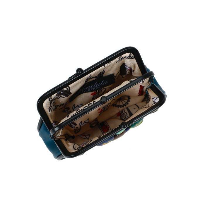 Small handbag with a patterned interior on a white background