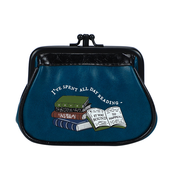 Blue purse with book design and text on a white background