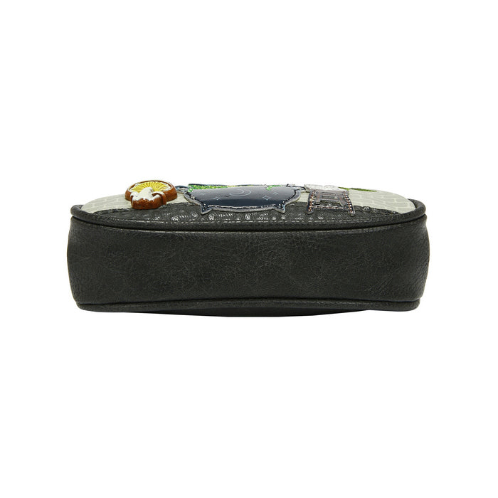 Black rectangular pouch with decorative elements on a white background