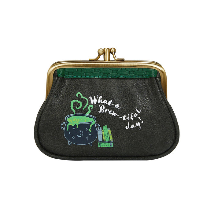 Black coin purse with gold clasp featuring a green potion graphic and text on a white background