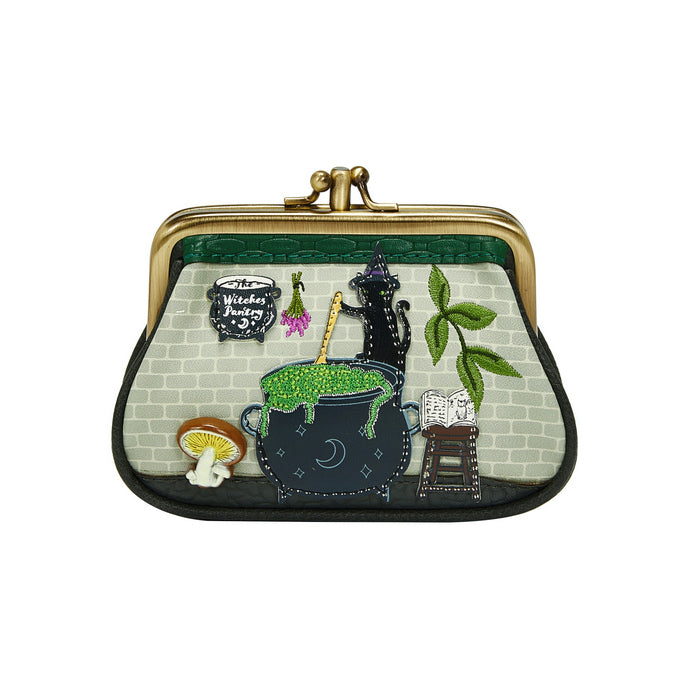 Small clutch purse with witch-themed decorations on a white background
