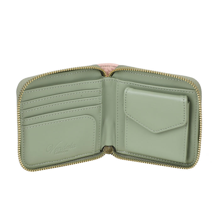 Green wallet with gold zipper on a white background