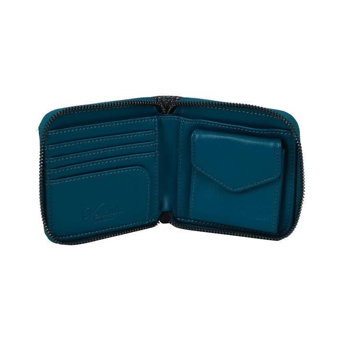 Open teal leather wallet on a white background