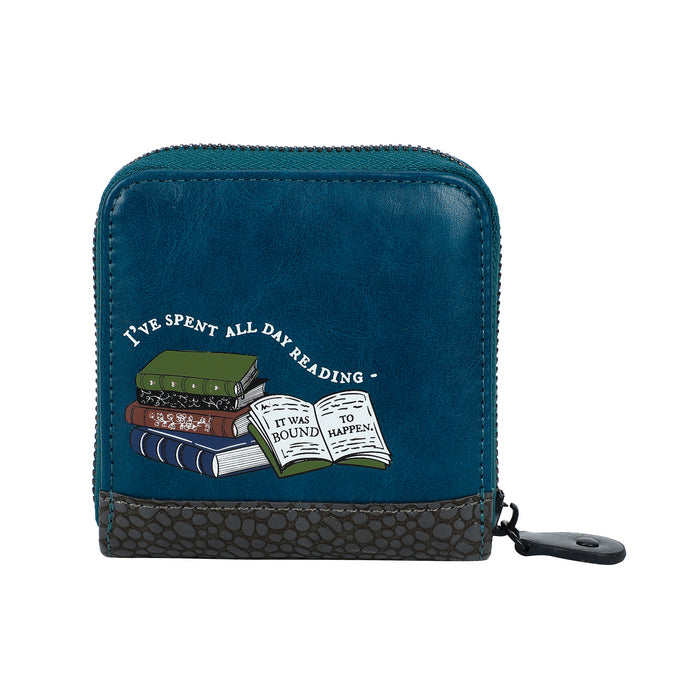 Blue wallet with book-themed design and text on a white background