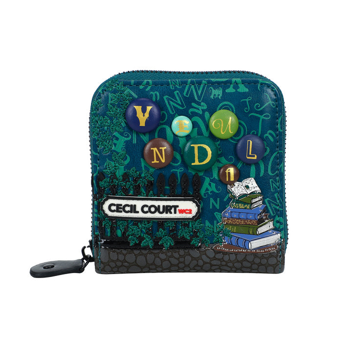 Green textured wallet with colorful buttons and 'Cecil Court' branding on a white background