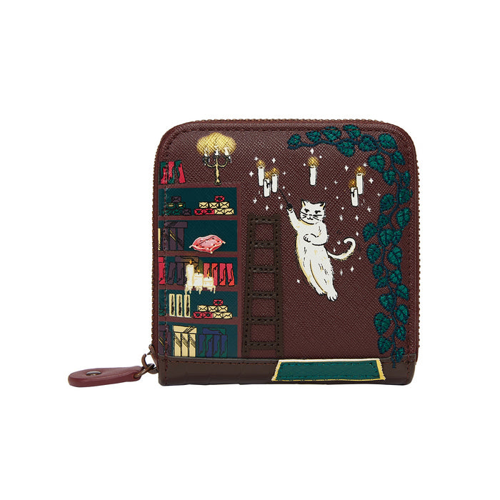 Brown wallet with cat and book design on a white background