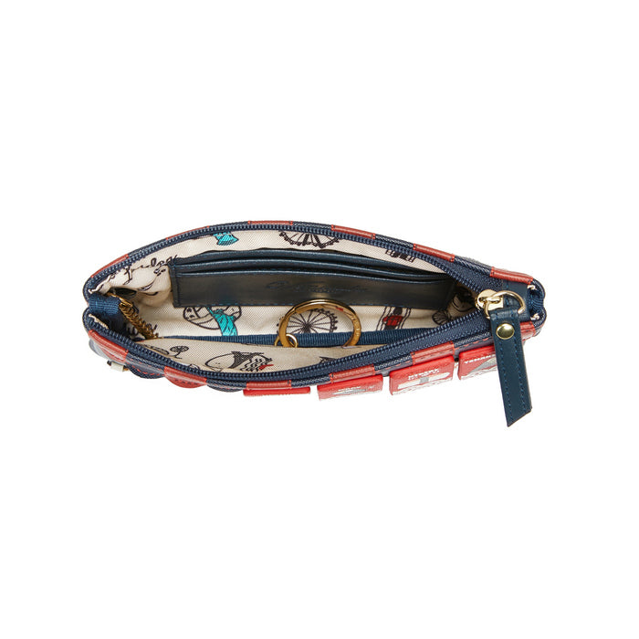 Wristlet clutch with decorative pattern on a white background