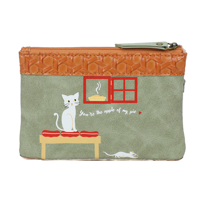 Pouch with cat and mouse design and text on a white background