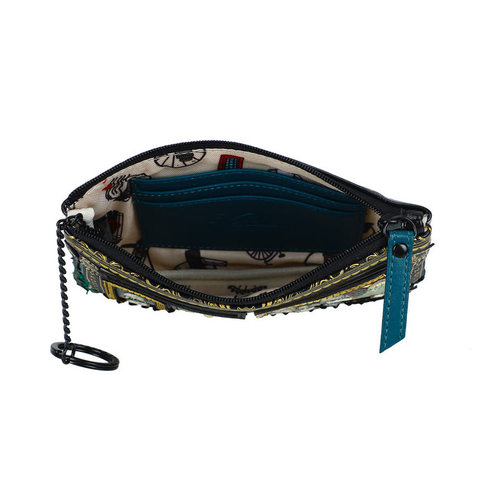 Small pouch with chain strap and blue interior on a white background