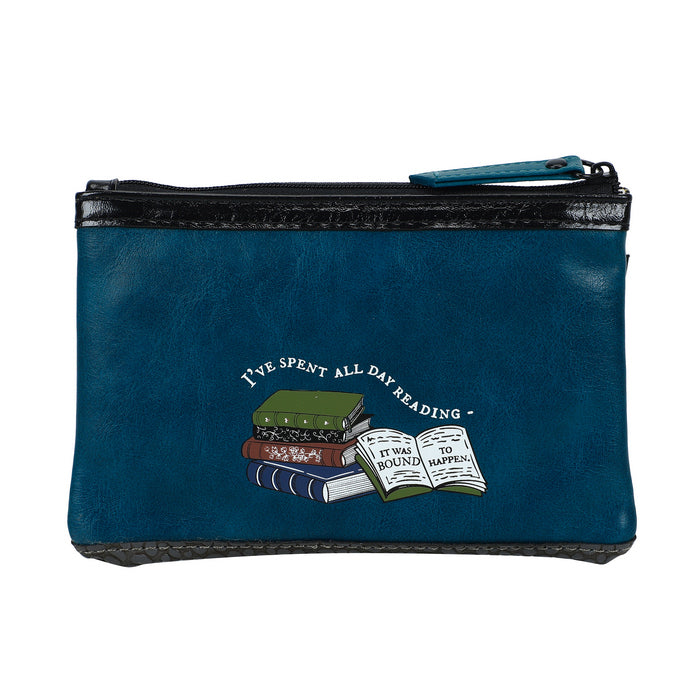 Blue pouch with book design and text on a white background